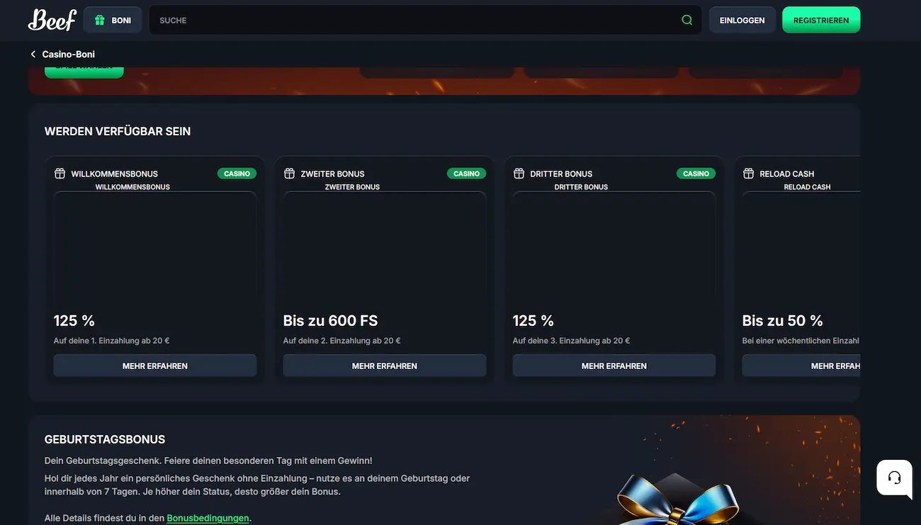 Beef Casino Boni Übersicht: Willkommenspaket 250 %, Freispiele und Reload-Angebote