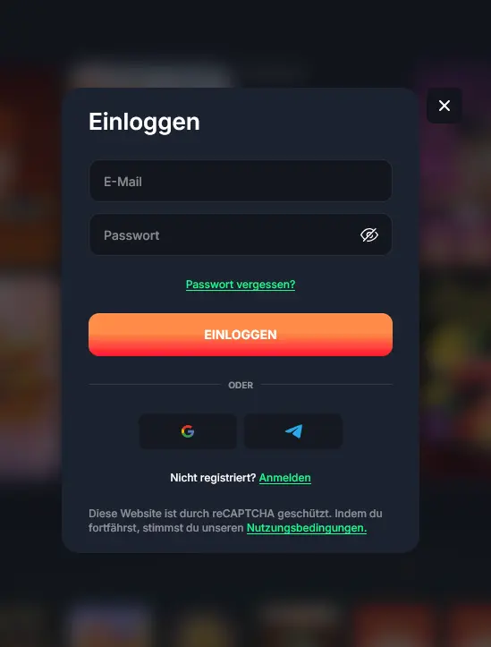 Beef Casino Login: Anmeldeformular mit E-Mail, Passwort und Passwort-vergessen-Link