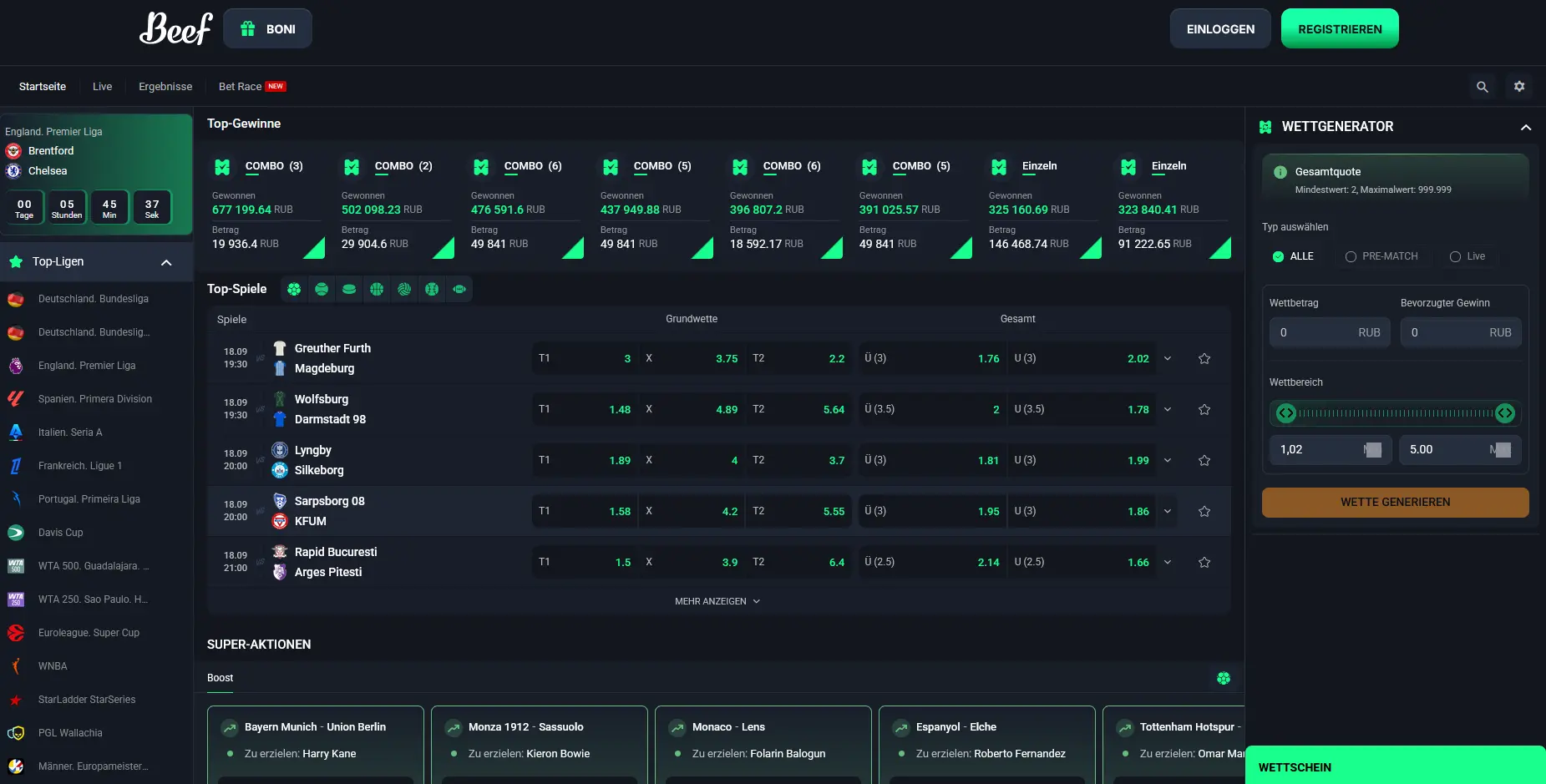 Beef Casino Sportwetten: Live-Quoten, Bundesliga und Wettgenerator im Sportsbook