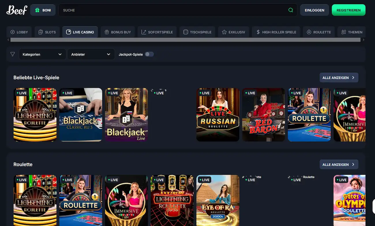 Beef Live Casino Lobby mit Roulette, Blackjack, Baccarat und Game Shows von Evolution Gaming